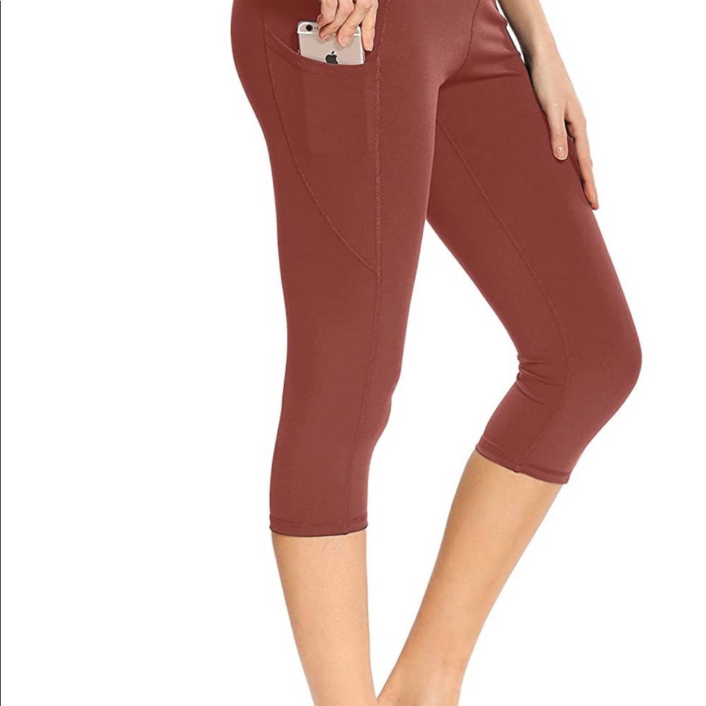 Salmon Rose Red Yoga Pants w/ Pockets, Leggings for High Waist & Tummy Control